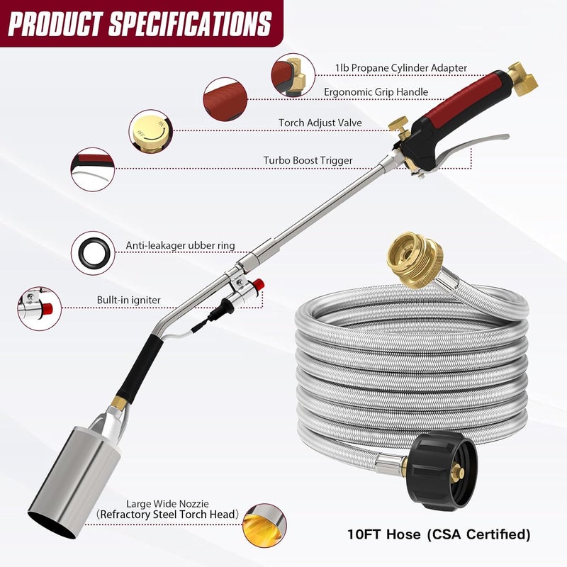 MEFUN Propane torch weeds burner kit, large propane torch high BTU, Blow Torch with 1lb Propane Converter 10FT Braided Hose, Heavy Duty Flamethrower with Turbo Trigger for Weeding,Roofing, Melting Ice/Snow - Image 3